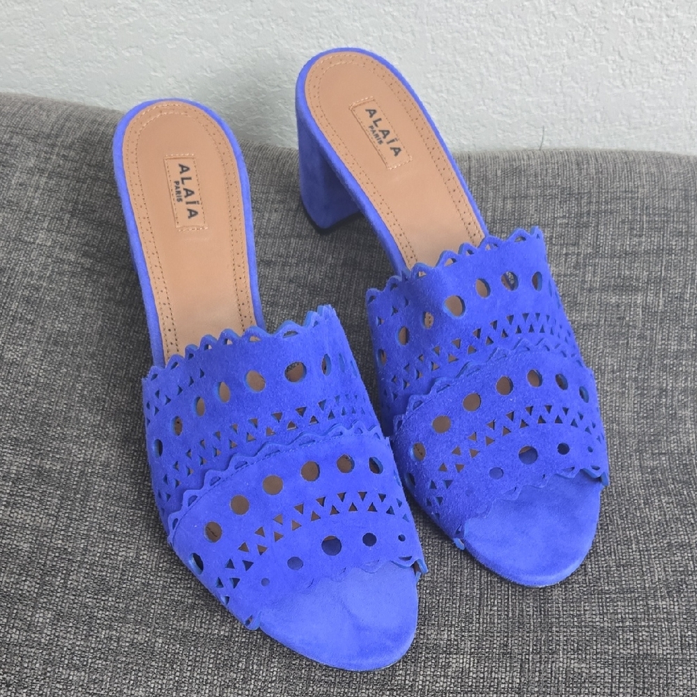 Alaia Blue Laser-Cut Suede Mules